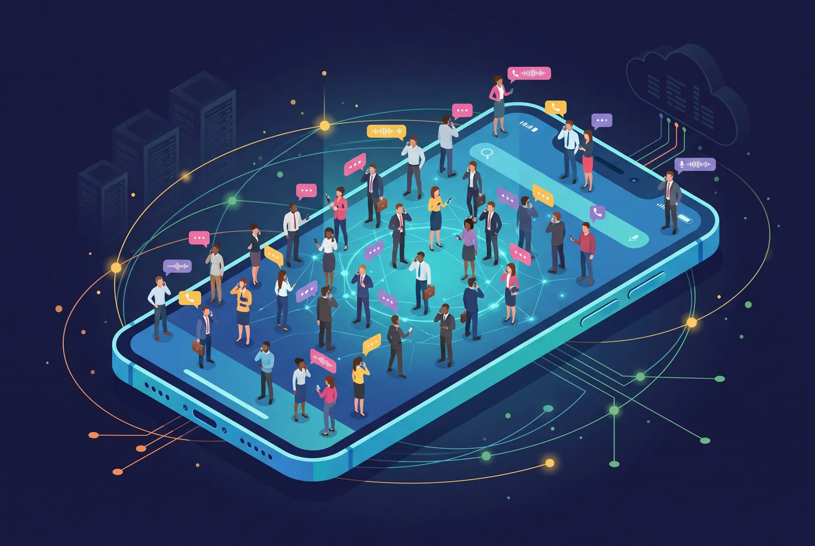 Isometric illustration of thousands of subscribers reached through one mobile network