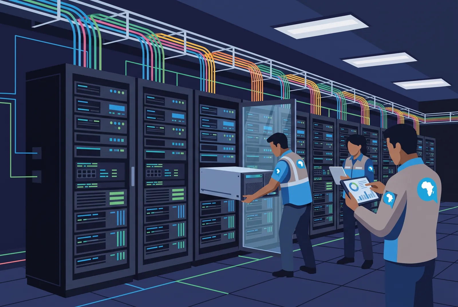 Engineers racking and monitoring servers in the data centre