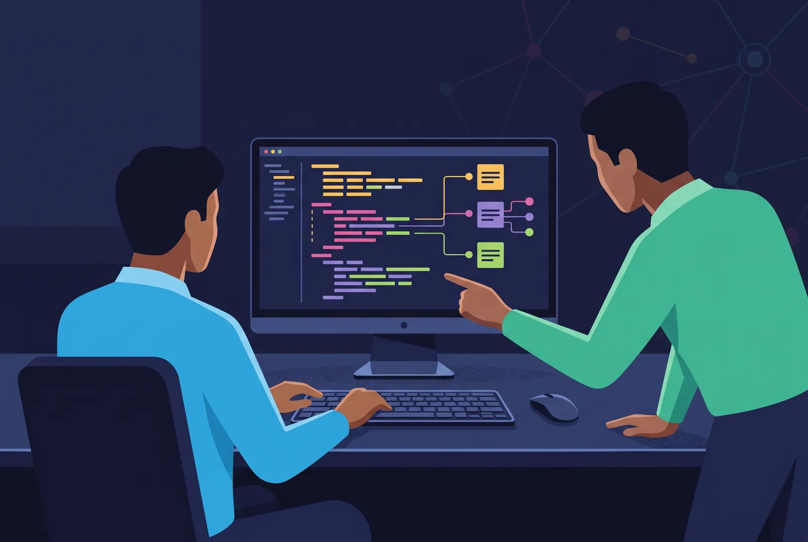 Two engineers reviewing code and system flow on screen