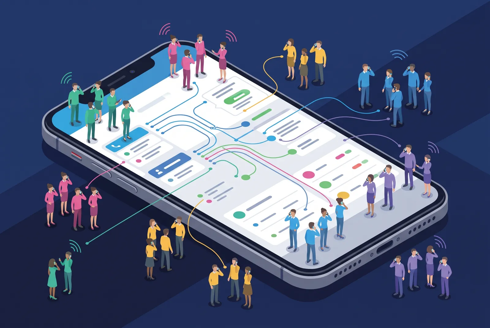 Isometric illustration of callers connected across a phone platform
