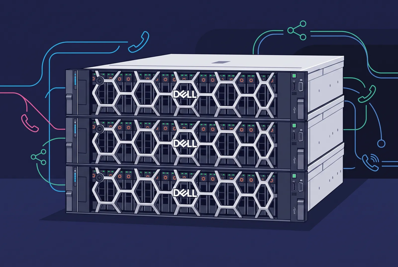 Stacked Dell PowerEdge servers wired into the voice network