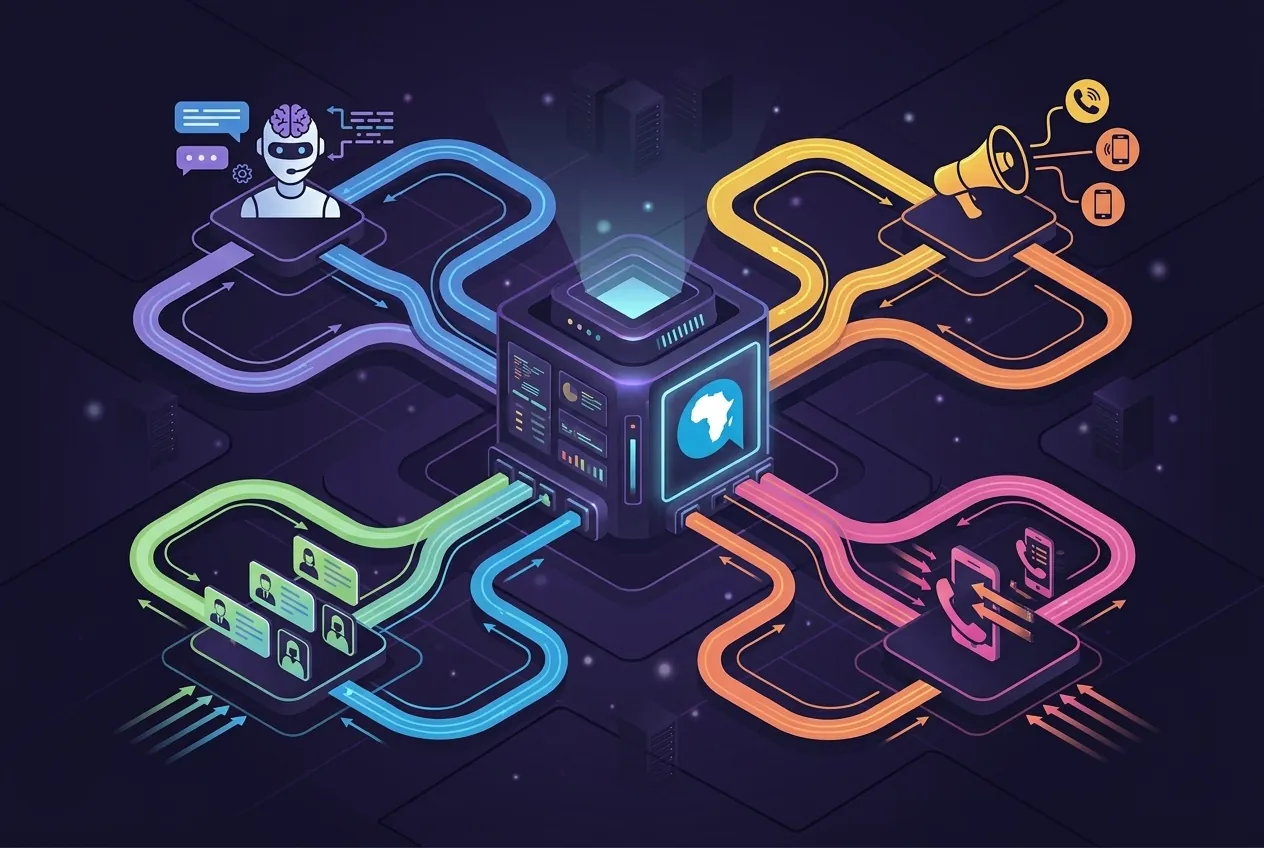 Isometric telephony hub routing AI, broadcast, agent and mobile call channels