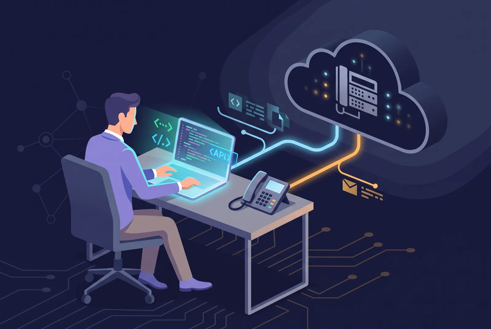 Developer coding against the PBX API, desk phone and cloud PBX connected