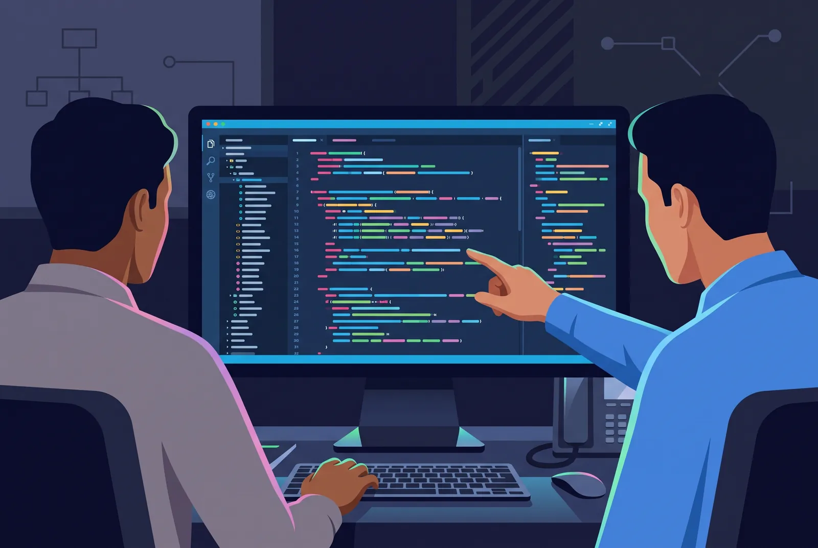 Two engineers reviewing integration code together at a screen