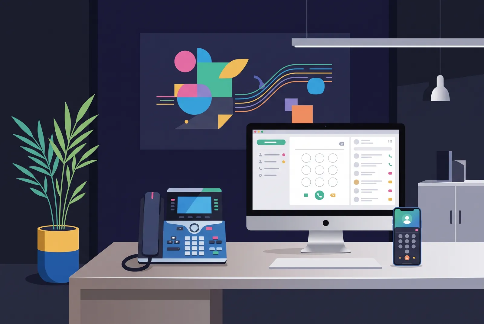 Office desk with a desk phone, a softphone dialler on a monitor and a mobile app, all on one extension