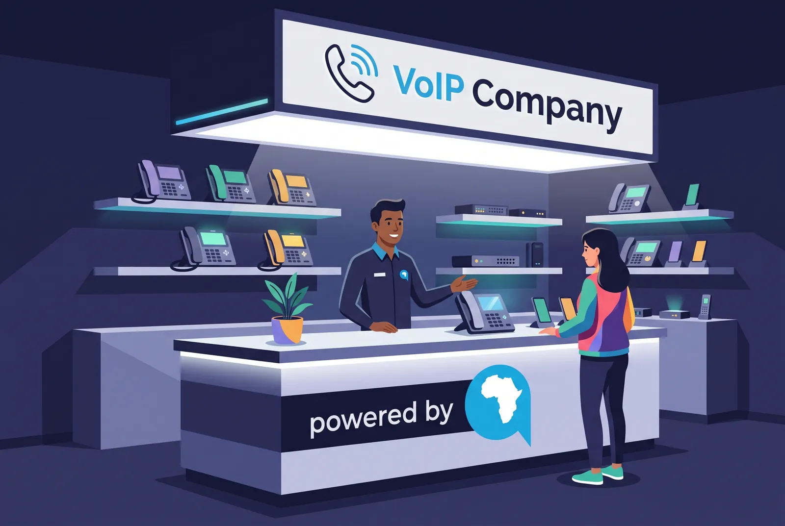 A reseller's own branded VoIP storefront, powered by us behind the counter
