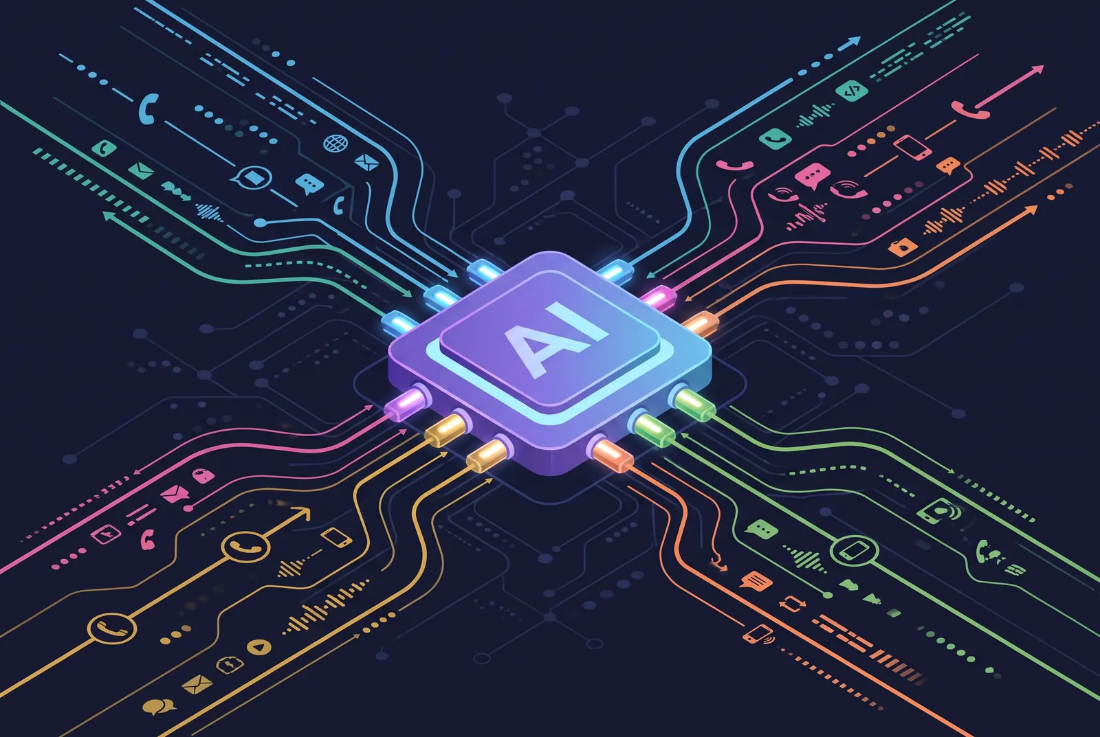 Isometric AI chip with colorful call, message and voice channels flowing in and out